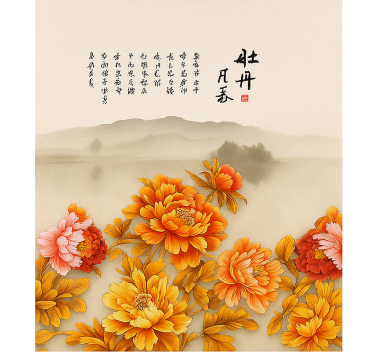 起居室盲道 牡丹山水画 - TenStickers