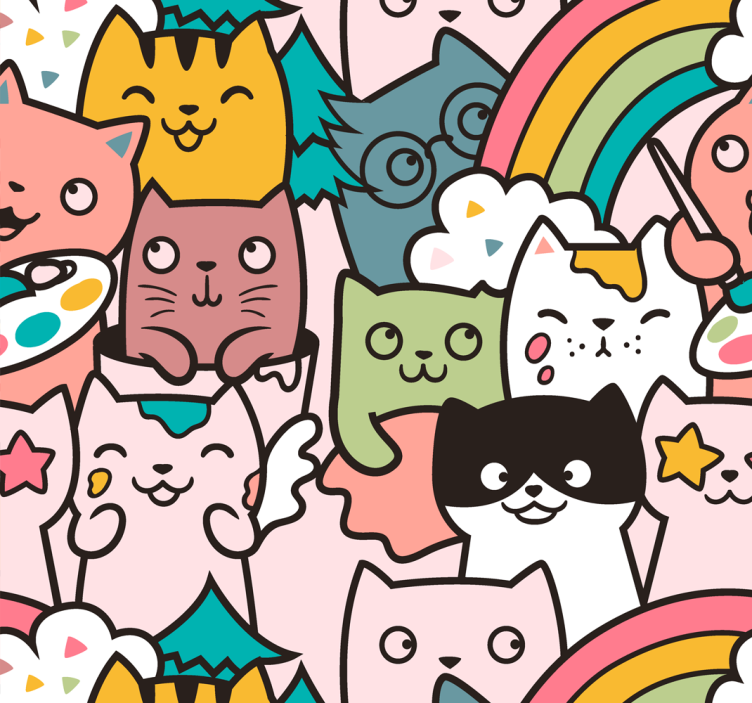 儿童盲人猫咪涂鸦淡彩色图案 - TenStickers