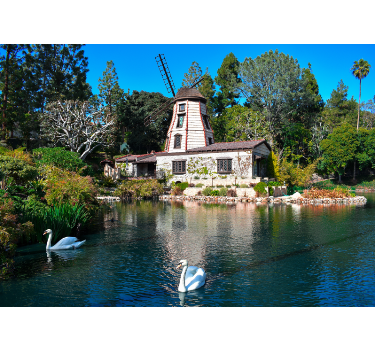 两只天鹅和五颜六色的树木墙壁画 - TenStickers