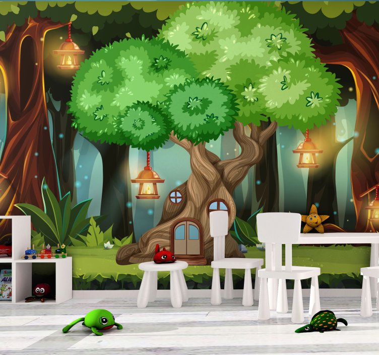 幻想树屋灯笼孩子墙壁画 - TenStickers