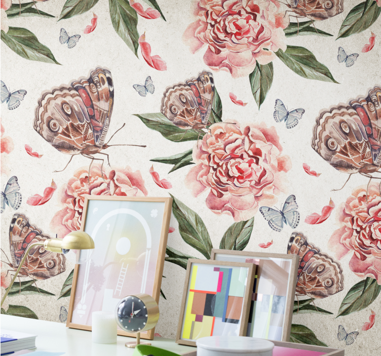 花卉照片墙展现蝴蝶与牡丹之美 - TenStickers