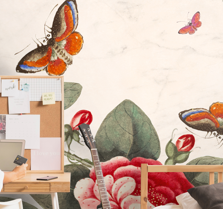 花卉照片墙展现飞舞的昆虫与花朵 - TenStickers