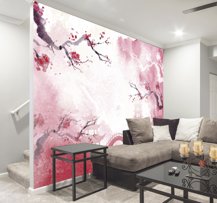 日本花园花墙壁画 - TenStickers