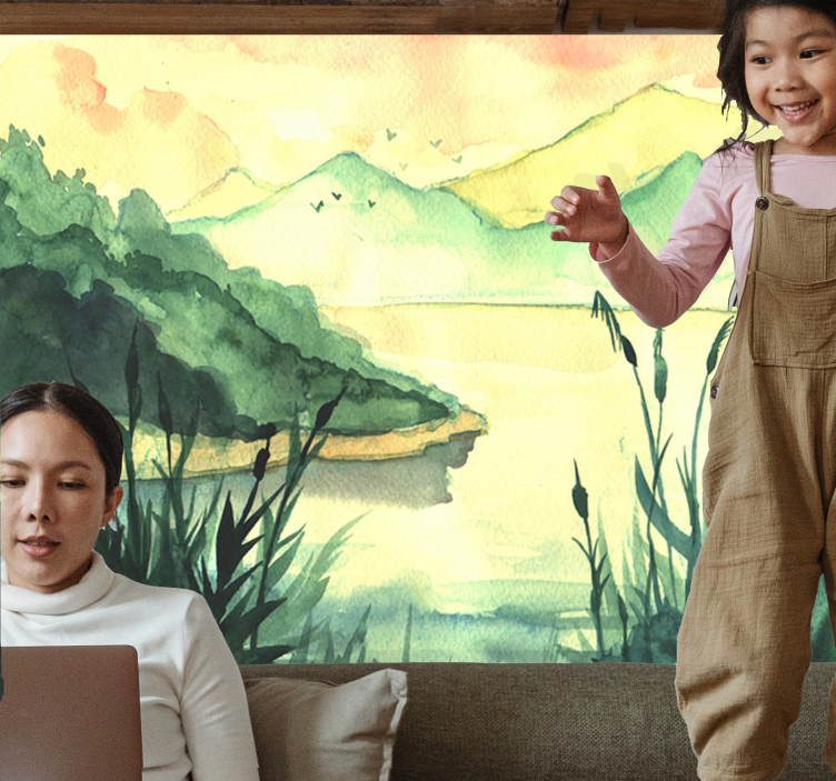 池塘照片墙宁静手绘风景 - TenStickers