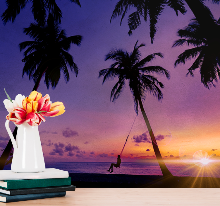 自然照片墙与日落摇曳的棕榈树 - TenStickers