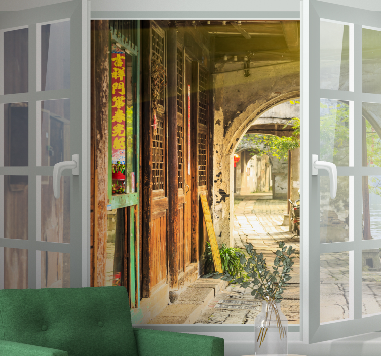 与旧镇视图墙壁画的窗口 - TenStickers