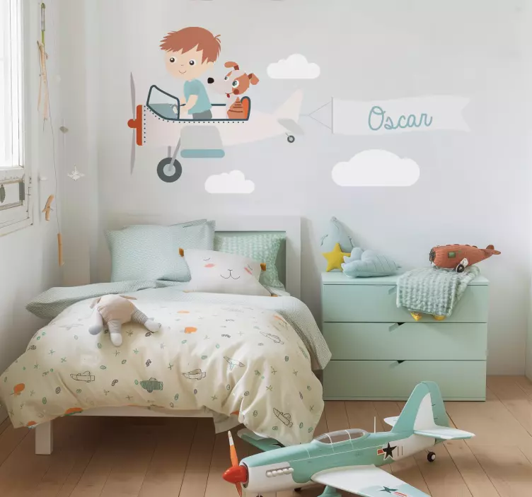 插图贴纸 飞机上的男孩和狗 - TenStickers