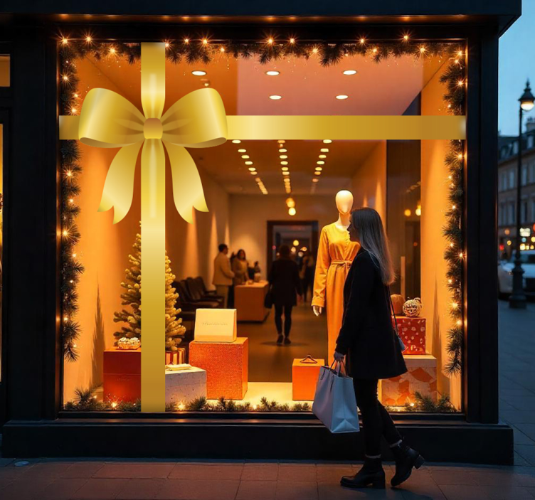 商店橱窗贴纸金色礼品蝴蝶结 - TenStickers