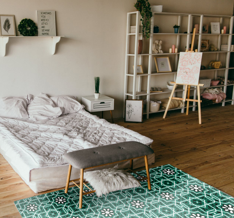 乙烯基厨房地毯 綠色花卉瓷磚 - TenStickers