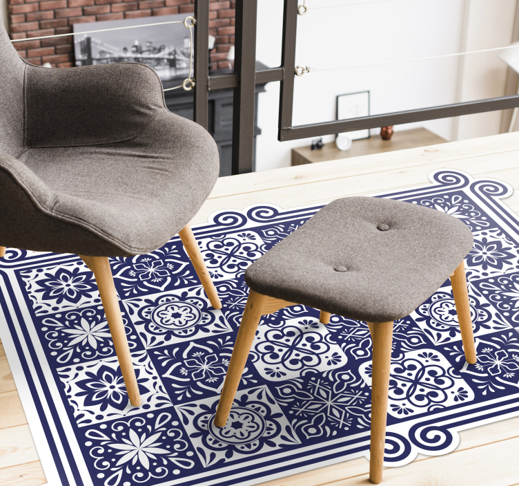 蓝色瓷砖和白丝带乙烯基房间地毯 - TenStickers