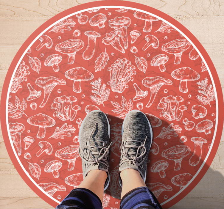 白色蘑菇叶在红色花卉地毯上 - TenStickers