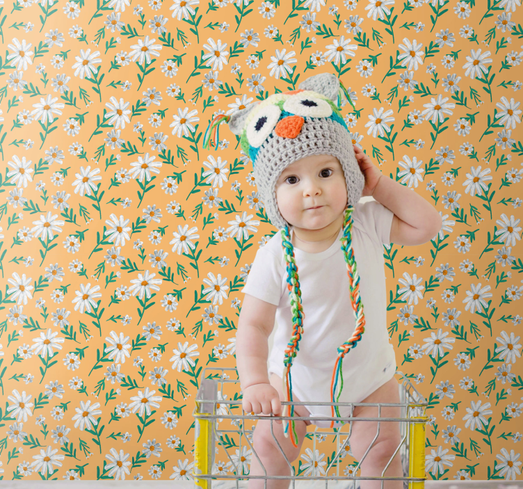 在黄色背景上的花壁纸雏菊 - TenStickers