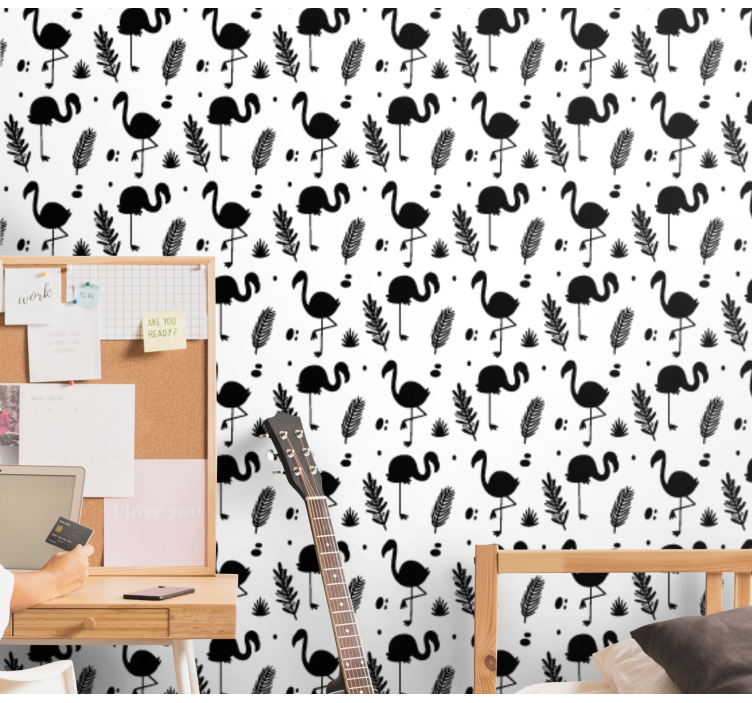动物墙纸 火烈鸟树叶图案 - TenStickers