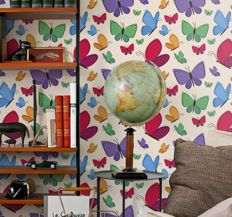 蝴蝶壁纸在米色背景上的多彩图案 - TenStickers