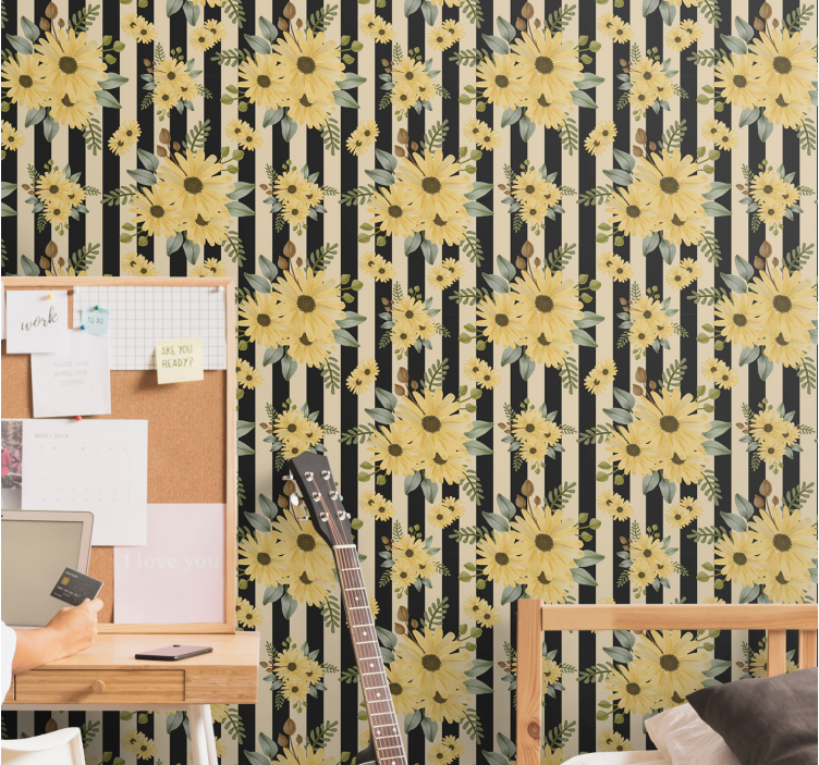 墙纸花卉 条纹向日葵图案 - TenStickers