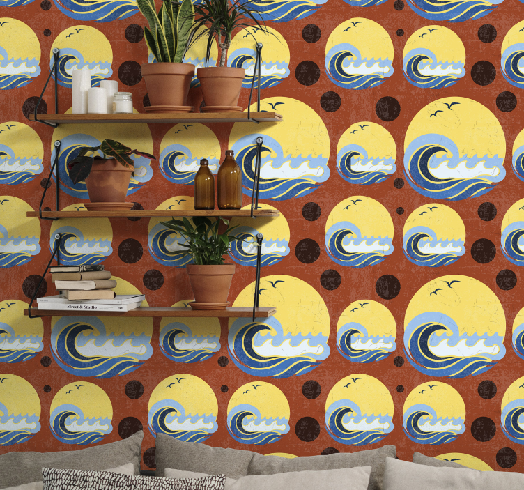 太阳，海滩和波浪的几何形状壁纸 - TenStickers